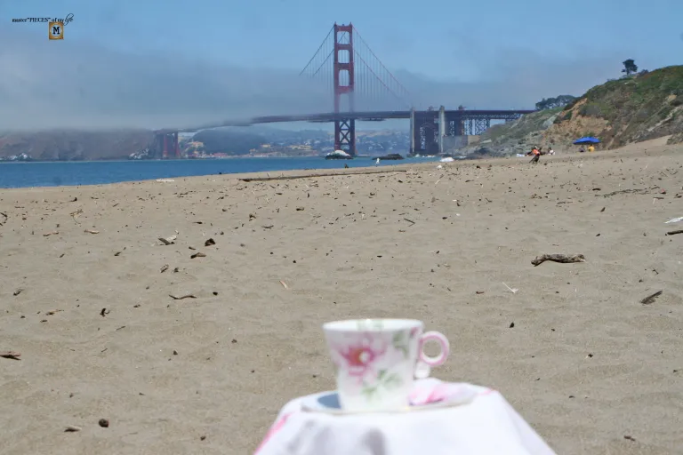 Pink rose teacup and saucer at the beach, Golden Gate Bridge in the background.