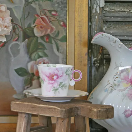 Teacup vignette with vintage pitcher