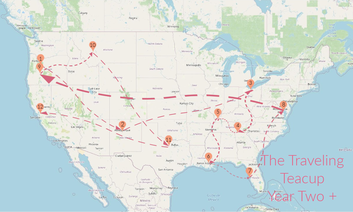 US map with Traveling Teacup's stops and routes