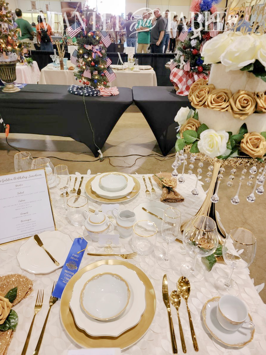 white and gold tablescape entry at the state fair