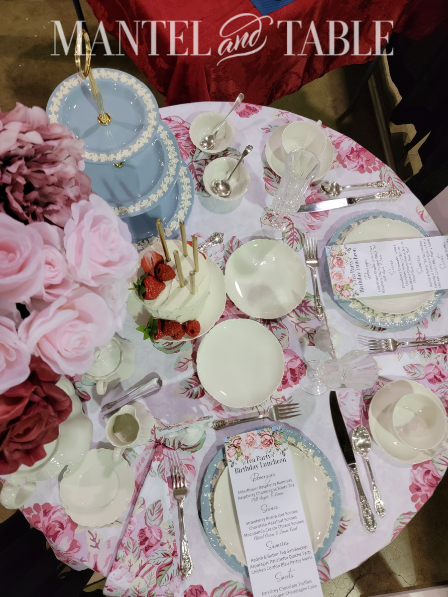 Tablescape Competition Judging - top view of birthday tea party tablescape
