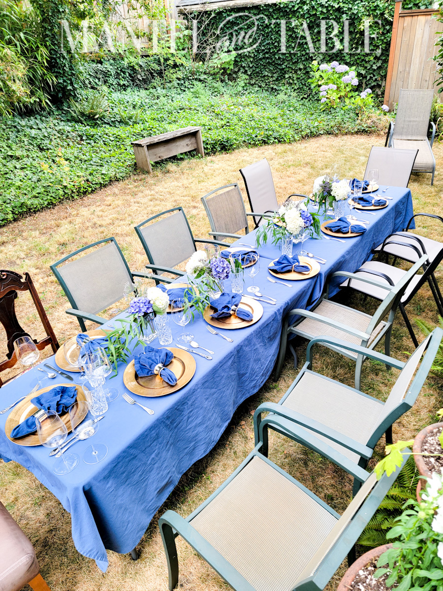 Last minute party - full view of long outdoor table set with blue and gold