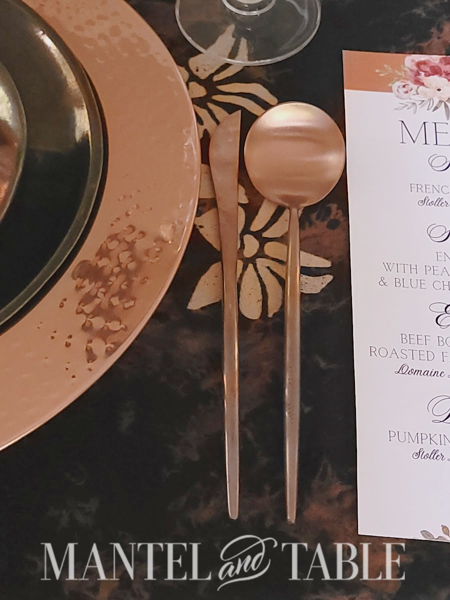 Place setting at Copper fall tablescape - copper flatware knife and spoon