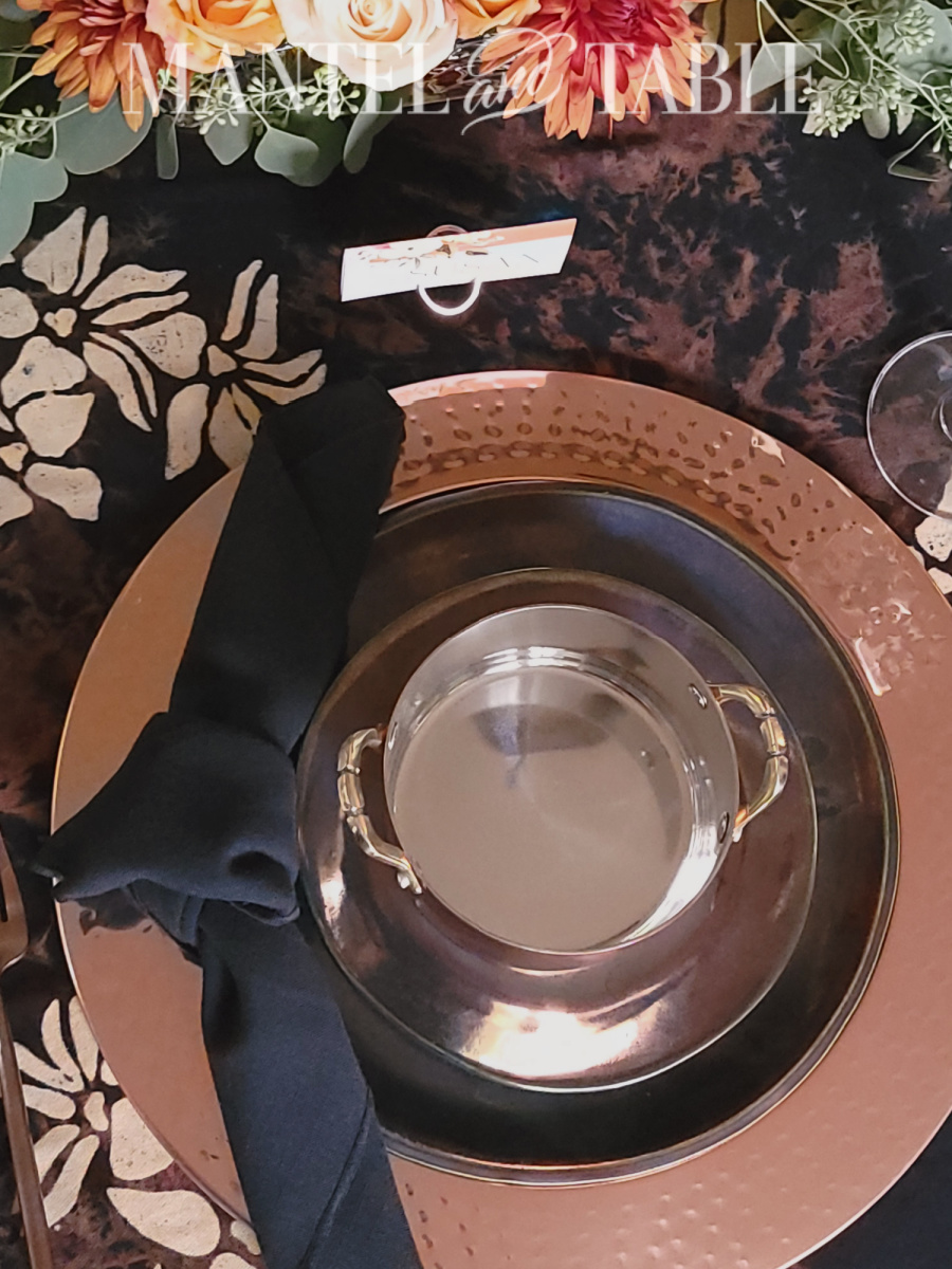 Copper fall tablescape - top view of place setting