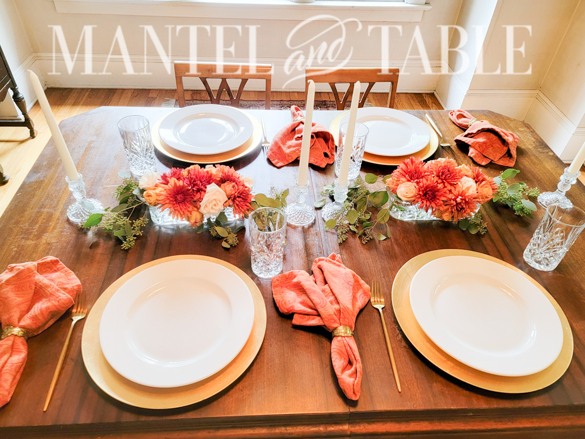 Fall Gold Tablescape four place settings overhead view