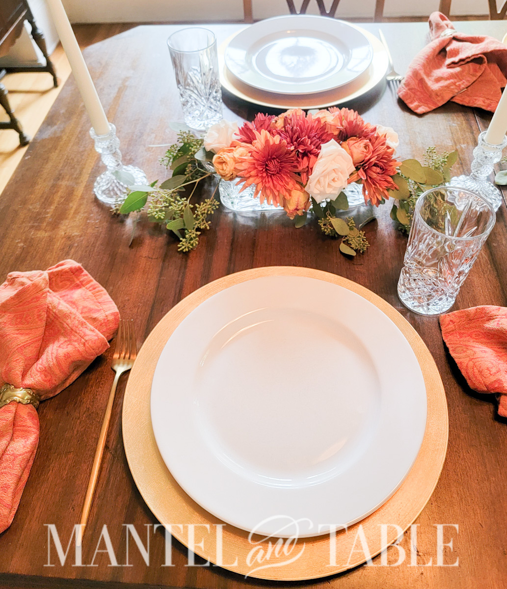 Fall Gold Tablescape - view across the table of two place settings