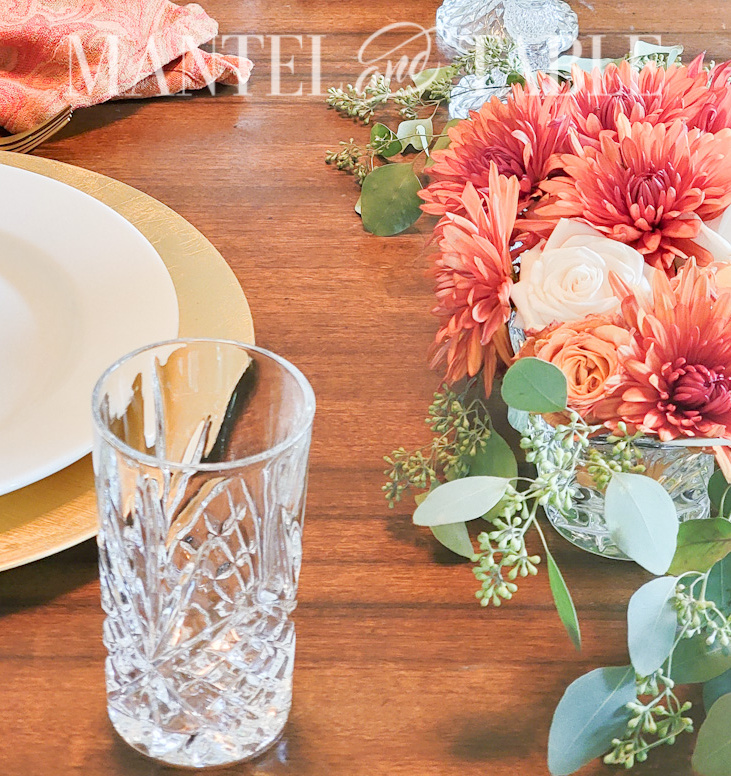 Fall Gold Tablescape closeup of flower arrangement
