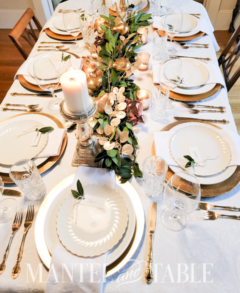 Gold and white table setting - view from the side