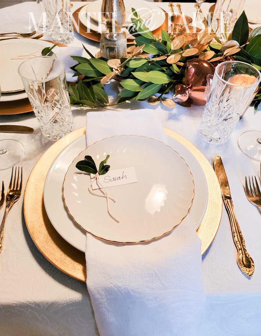 Gold and white table setting closeup