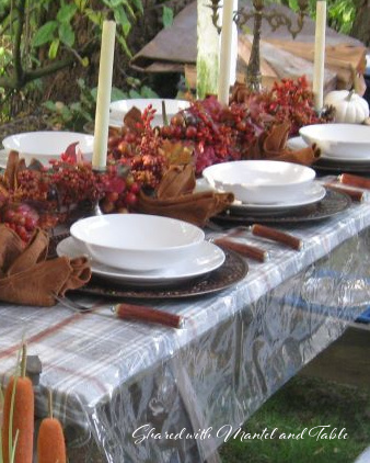 Hosting Thanksgiving outside - Brown and red fall tablescape with brown charger plates
