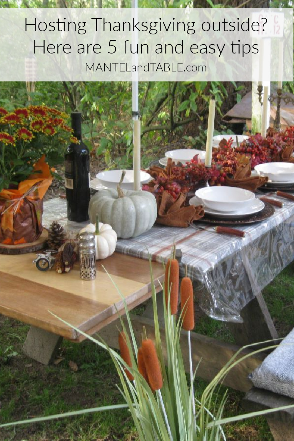 Hosting Thanksgiving Outside decorated table at campground Pinterest banner