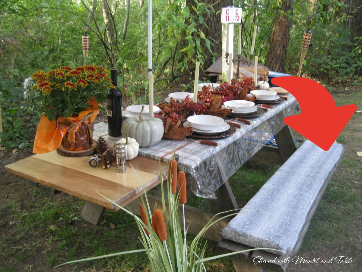 Picnic table with fat cushions on the seats