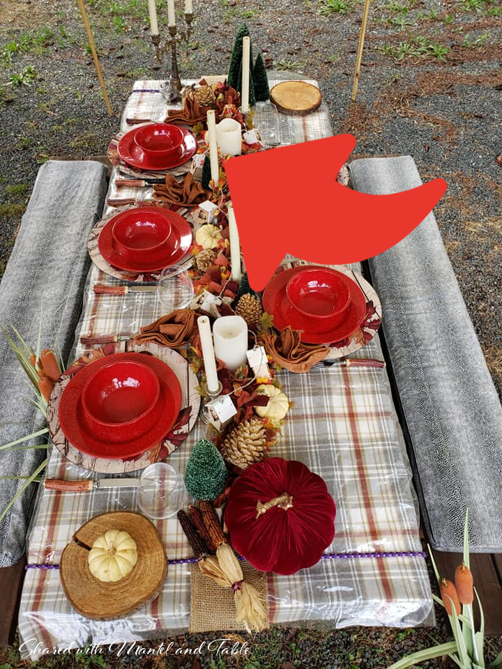 Hosting Thanksgiving outside - table set with flameless candles