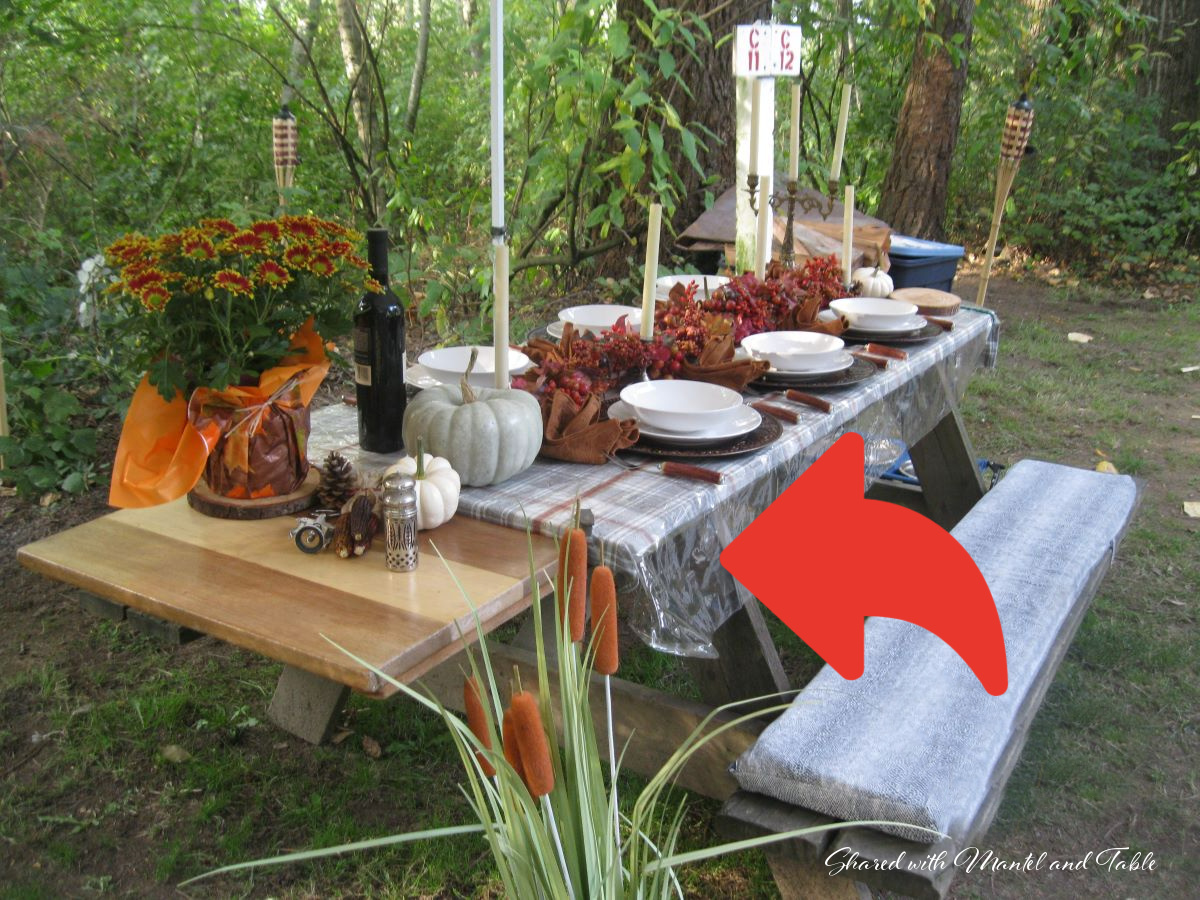 Hosting Thanksgiving outside - Picnic table set with clear tablecloth cover