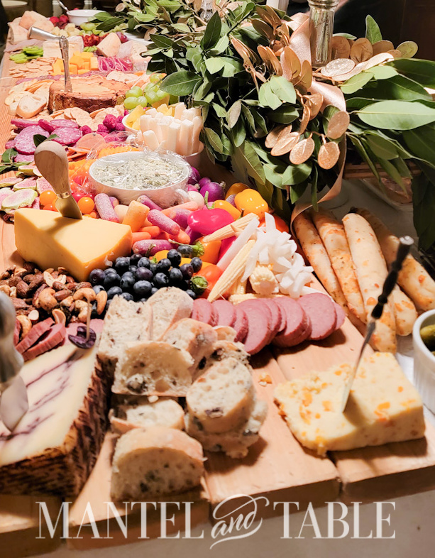 Grazing table cheese and bread closeup