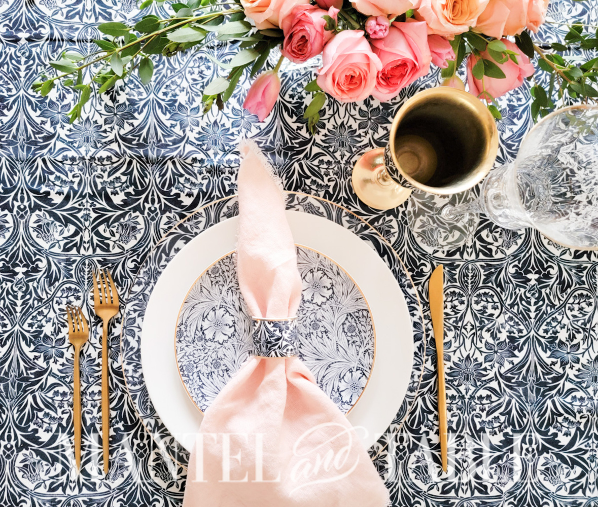 Blue tablescape place setting from above