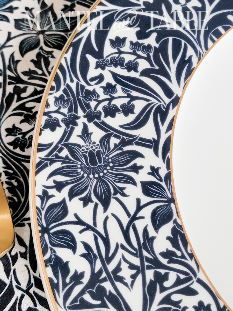 Blue and gold charger plate closeup