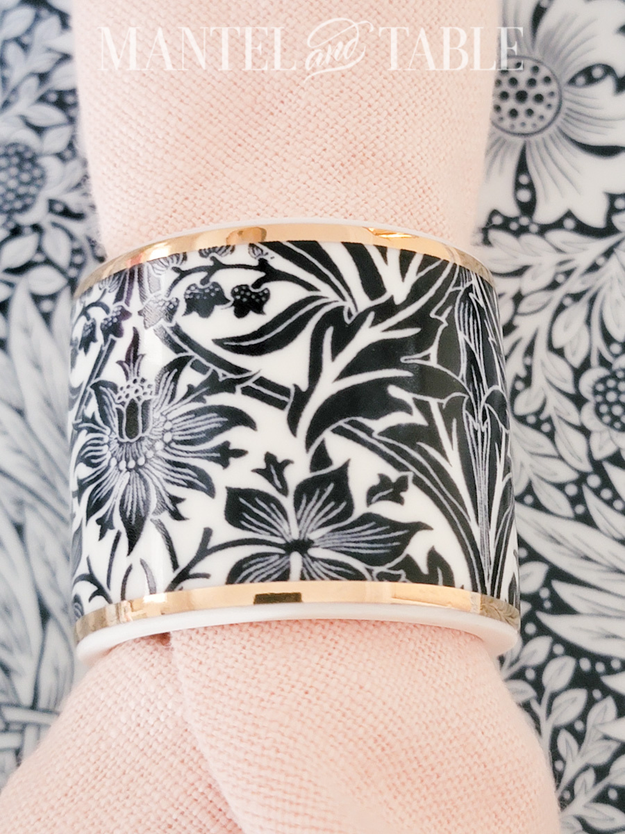 Closeup of blue patterned porcelain napkin ring