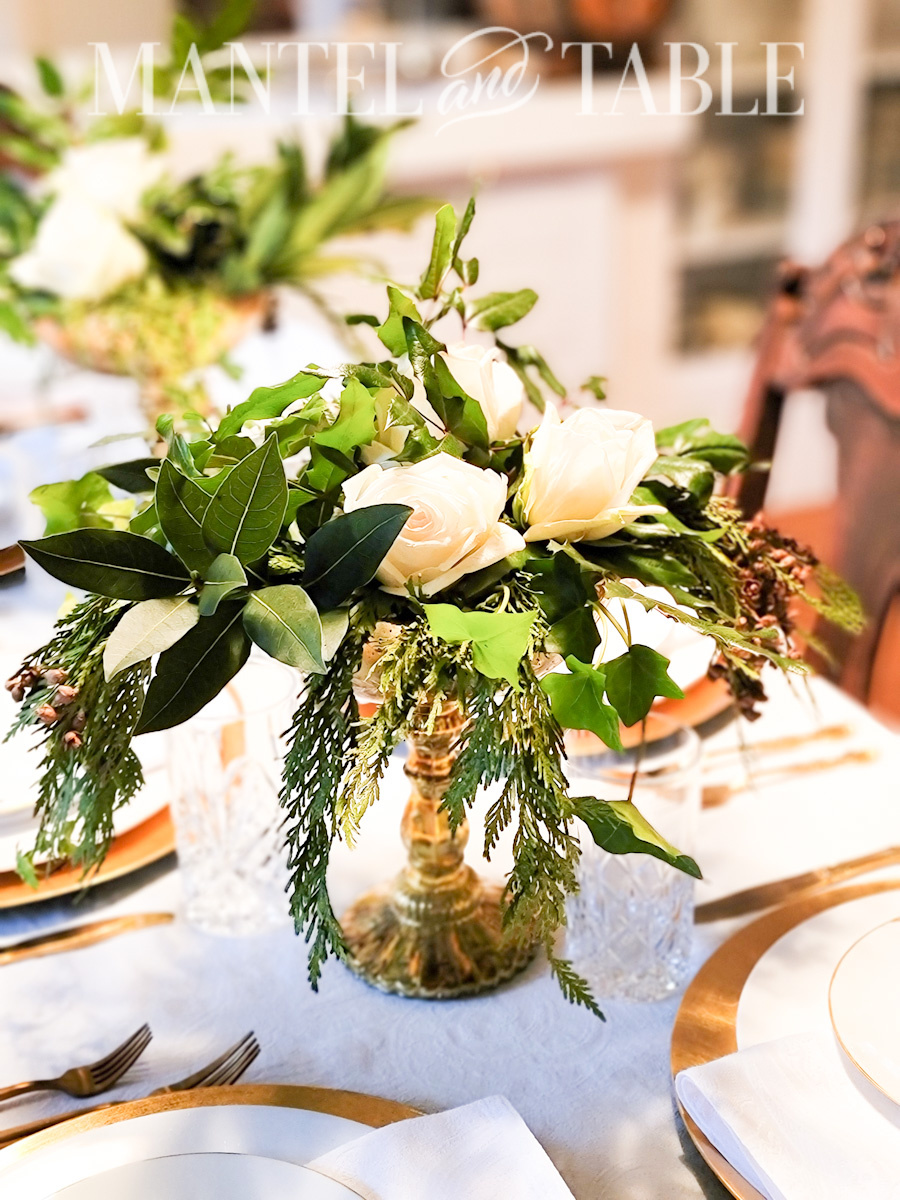glamorous table setting and centerpiece from above.