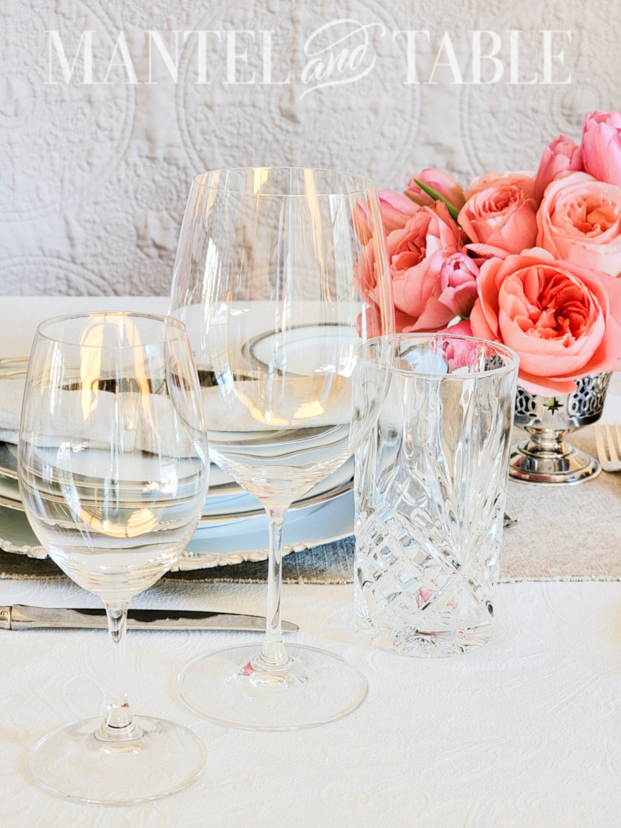 Closeup of glassware on a Neutral Pink Tablescape