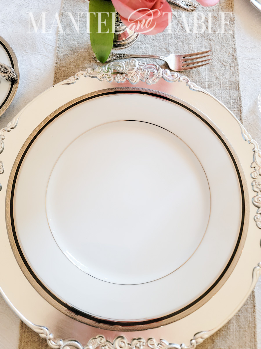 View of Noritake Austin Platinum dinner plate from above