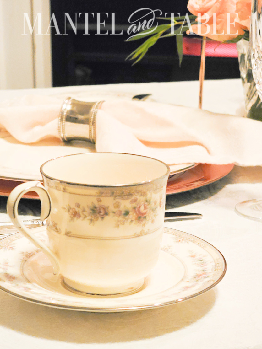 Closseup of Noritake Shenandoah teacup and saucer on a table