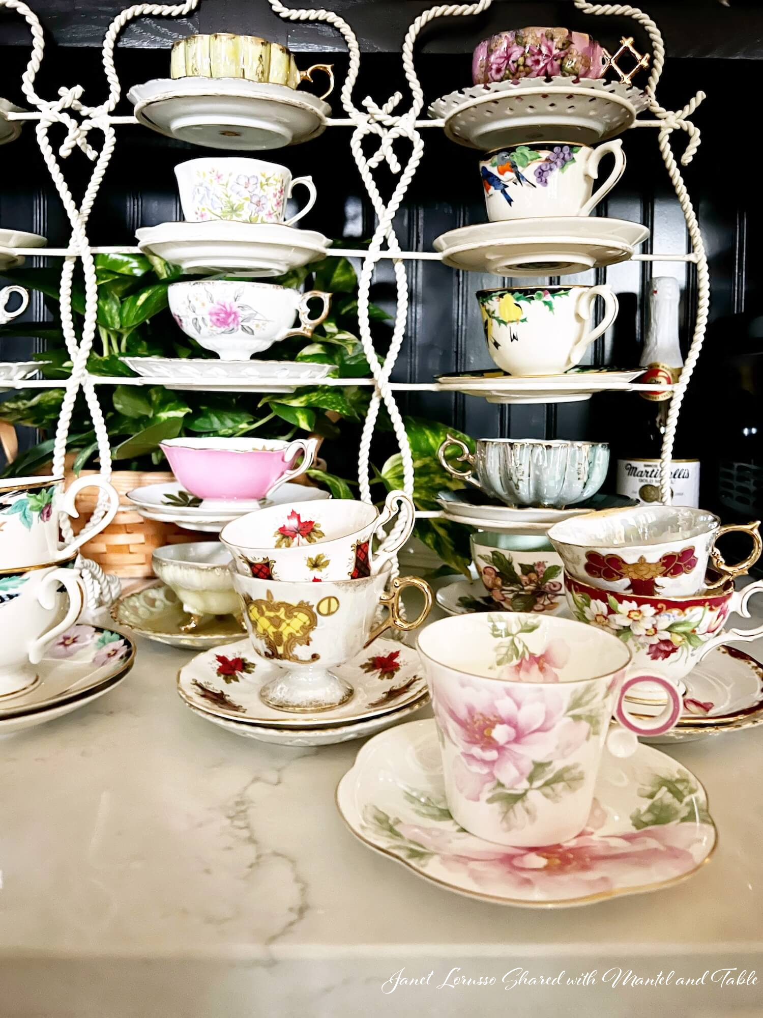 Traveling Teacup celebrates with a display of teacups and saucers