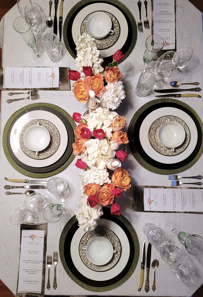 Pretty spring tablescape top view of the full table