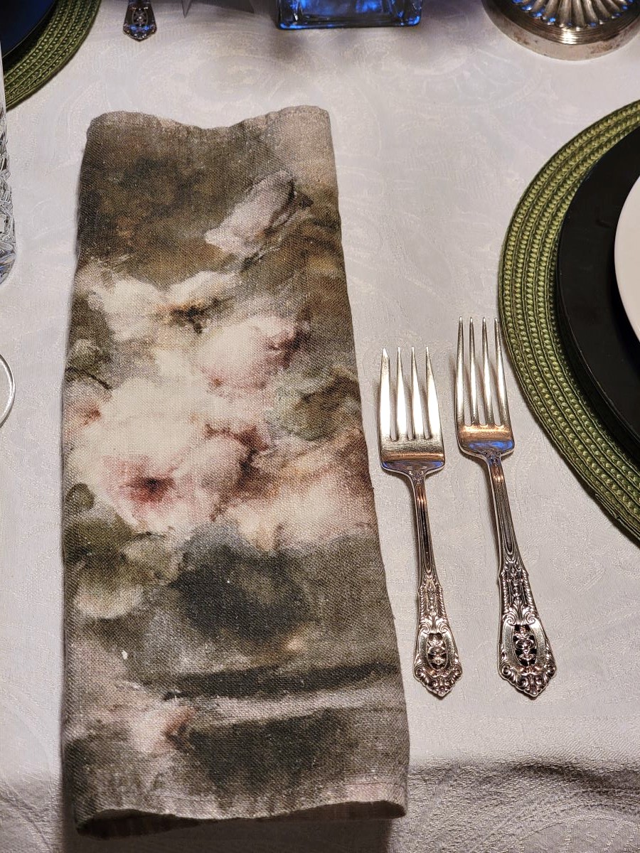 Beautiful dusky green and blush pink flower linen napkins