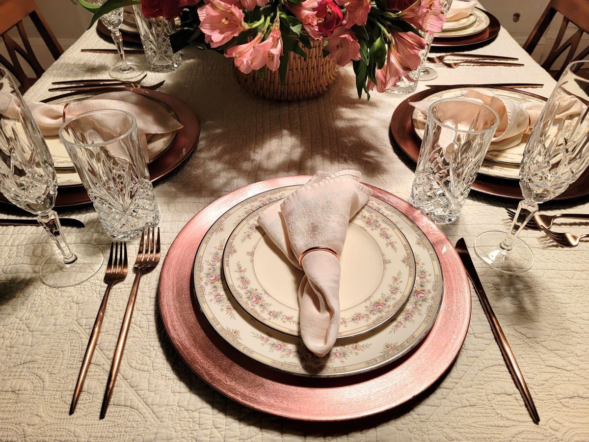 Side view of place setting on formally set table.