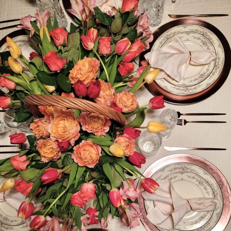 Spring Garden Tablescape with a Beautiful Basket of Tulips