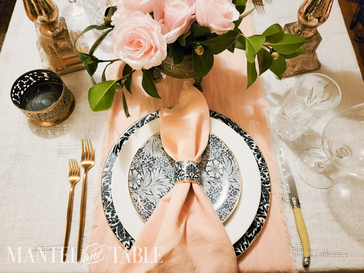 Peach and blue table setting from above