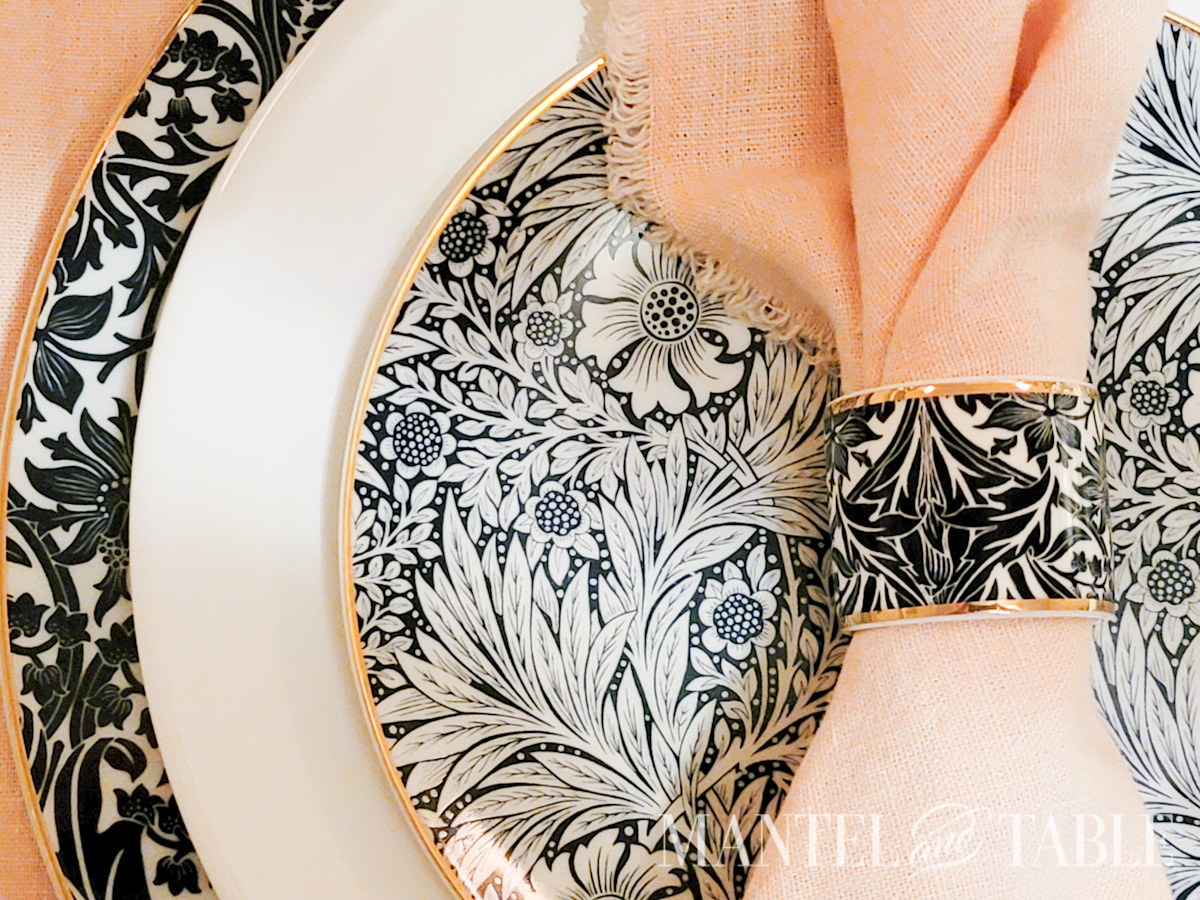 Peach and Blue Table Setting plate stack from above