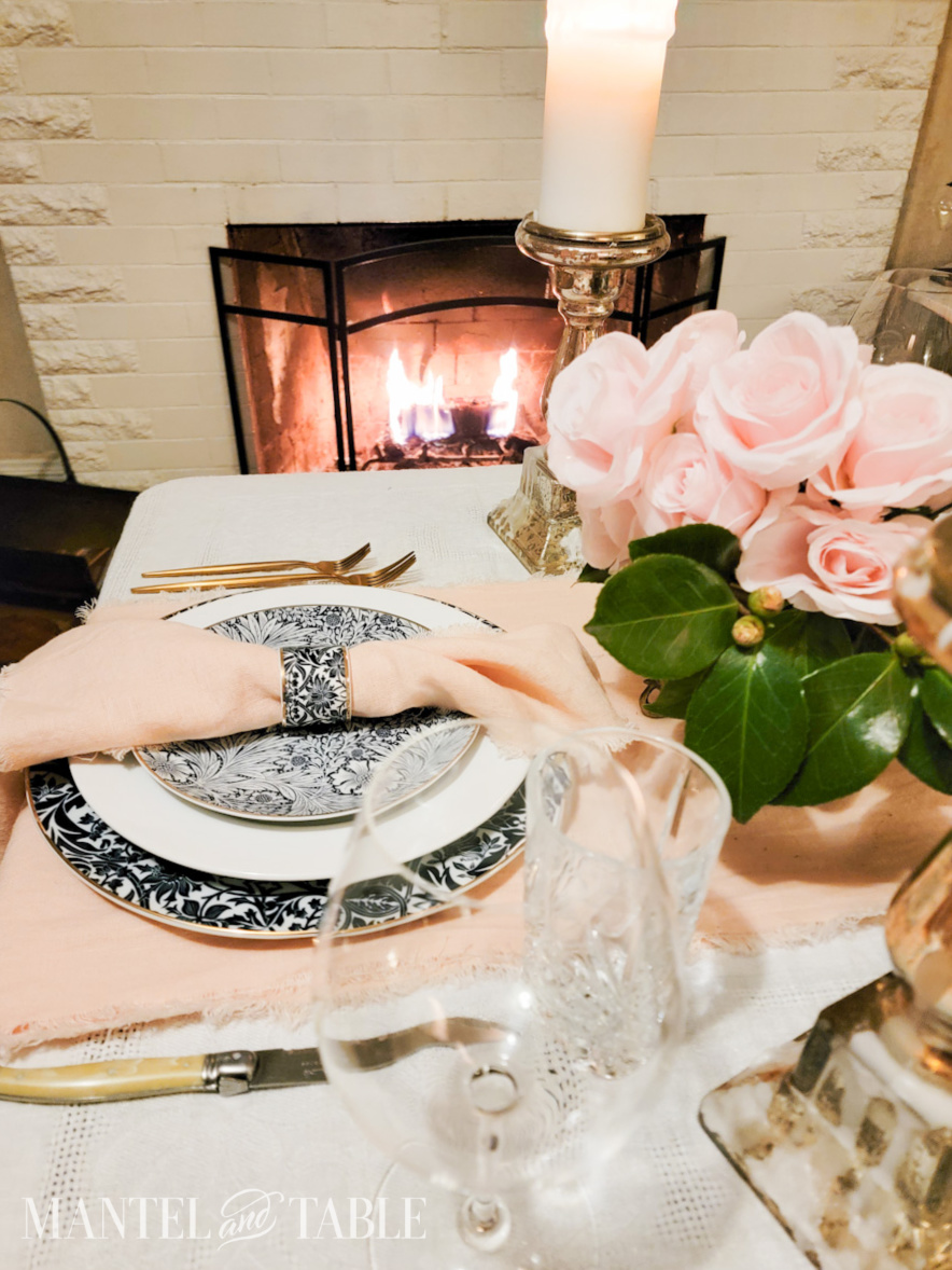 Peach and Blue Table Setting by the fire