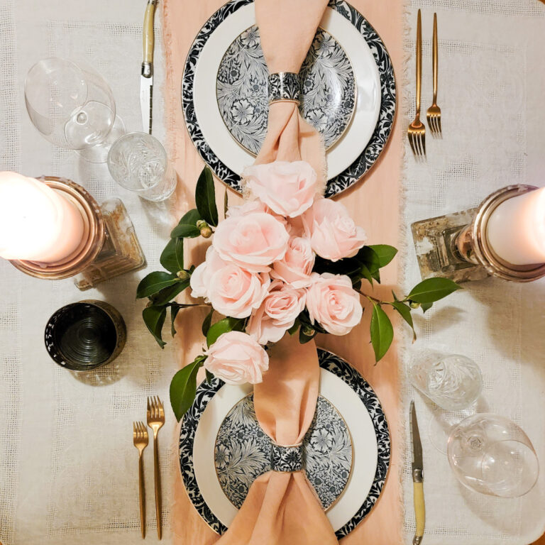 Elegant Peach and Blue Table Setting – a Beautiful Cozy Table for Two