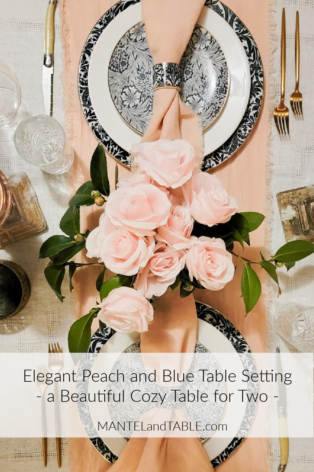 Peach and Blue Table Setting Pinterest banner