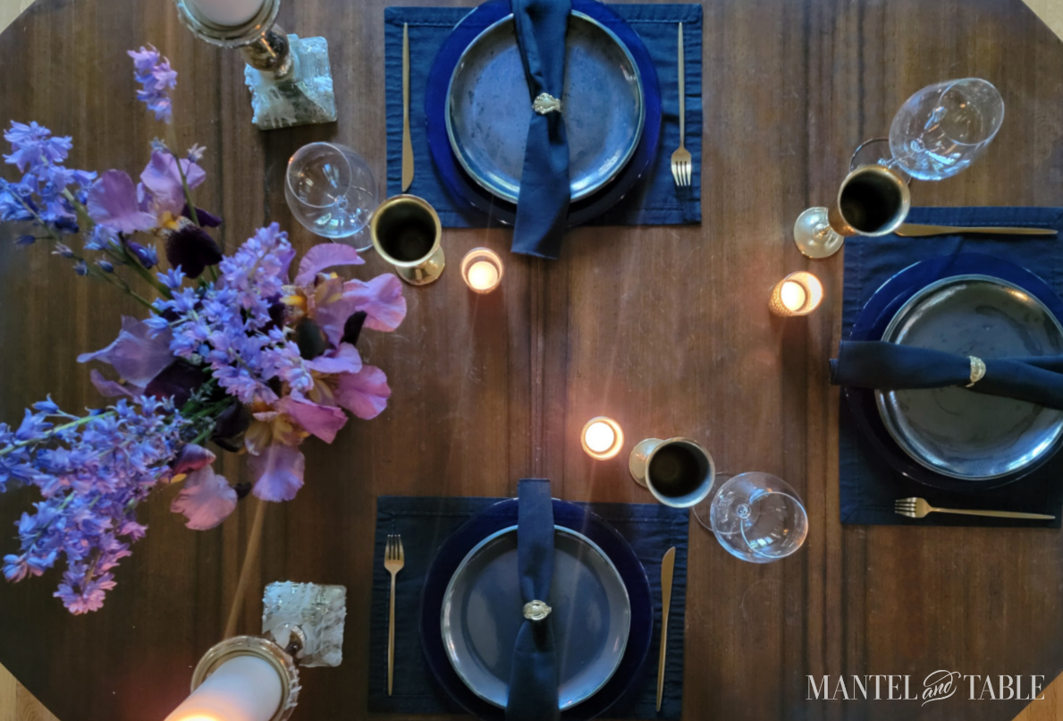 Full dark and moody tablescape from above