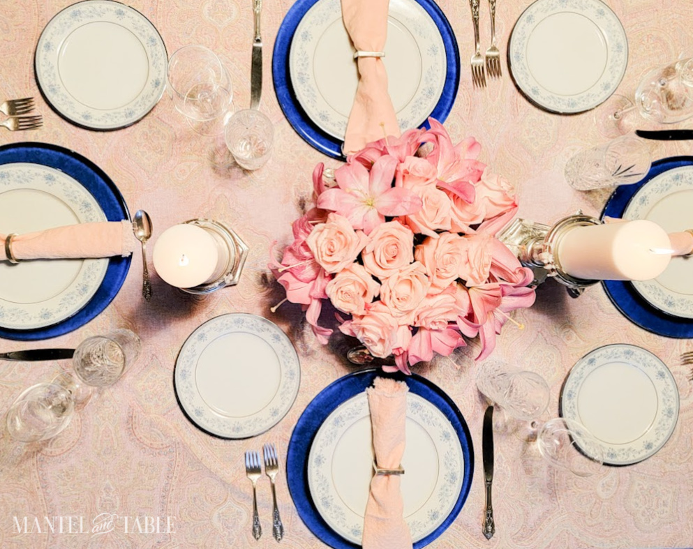 pink and blue tablescape from above