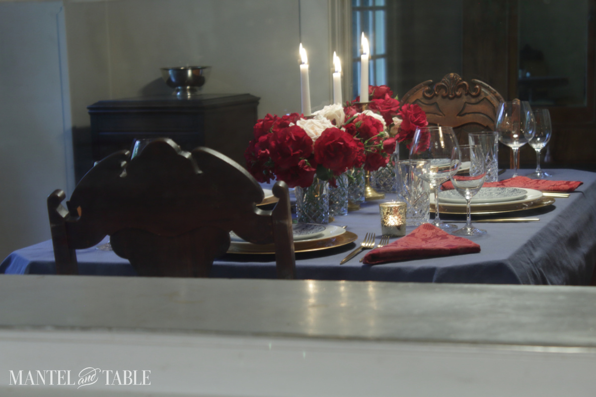 red white and blue table setting reflected in mirror