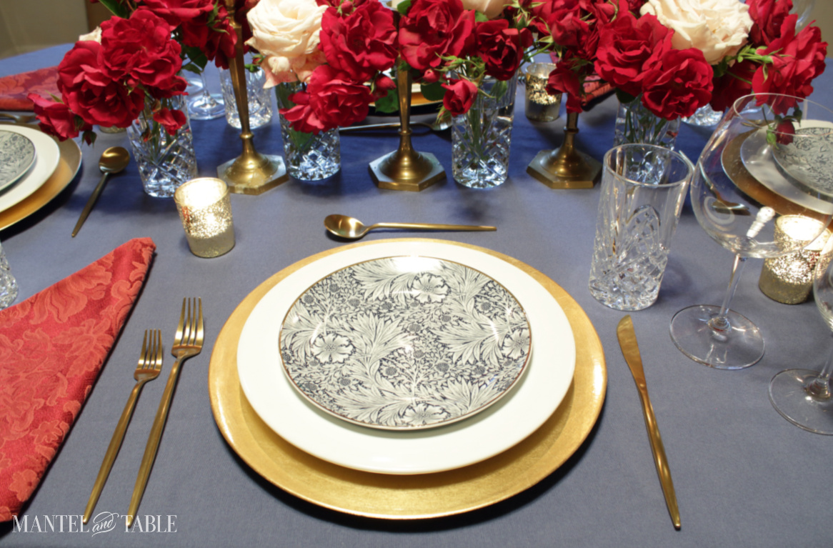 red white and blue table setting from above