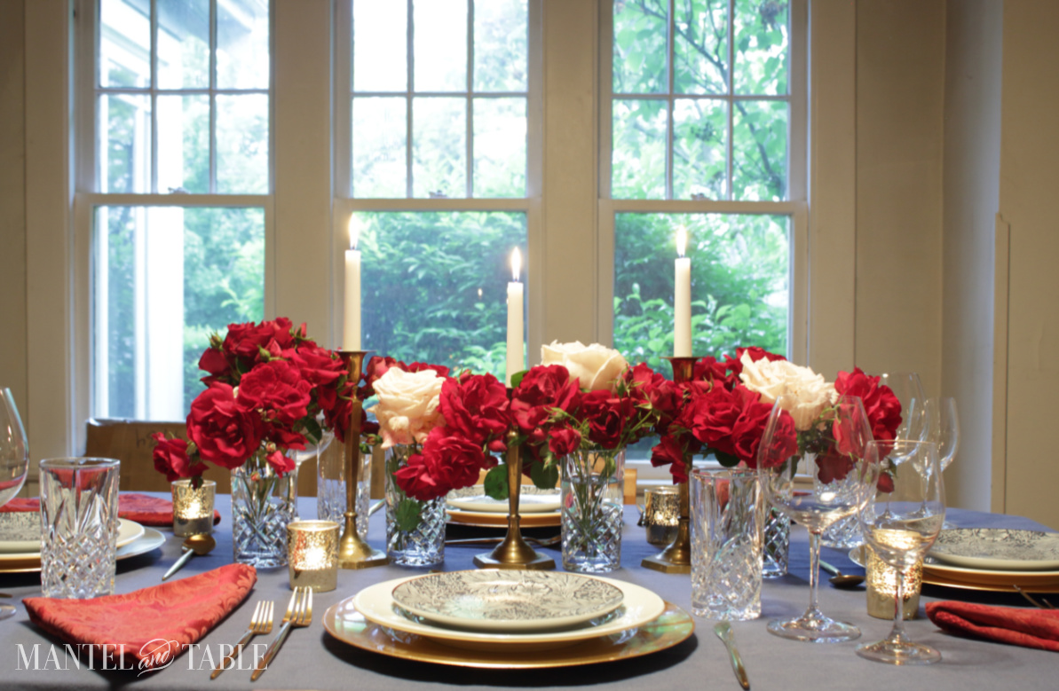 red white and blue table setting - full side view
