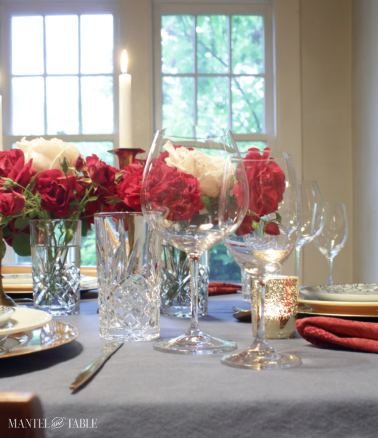 Place setting on blue tablecloth