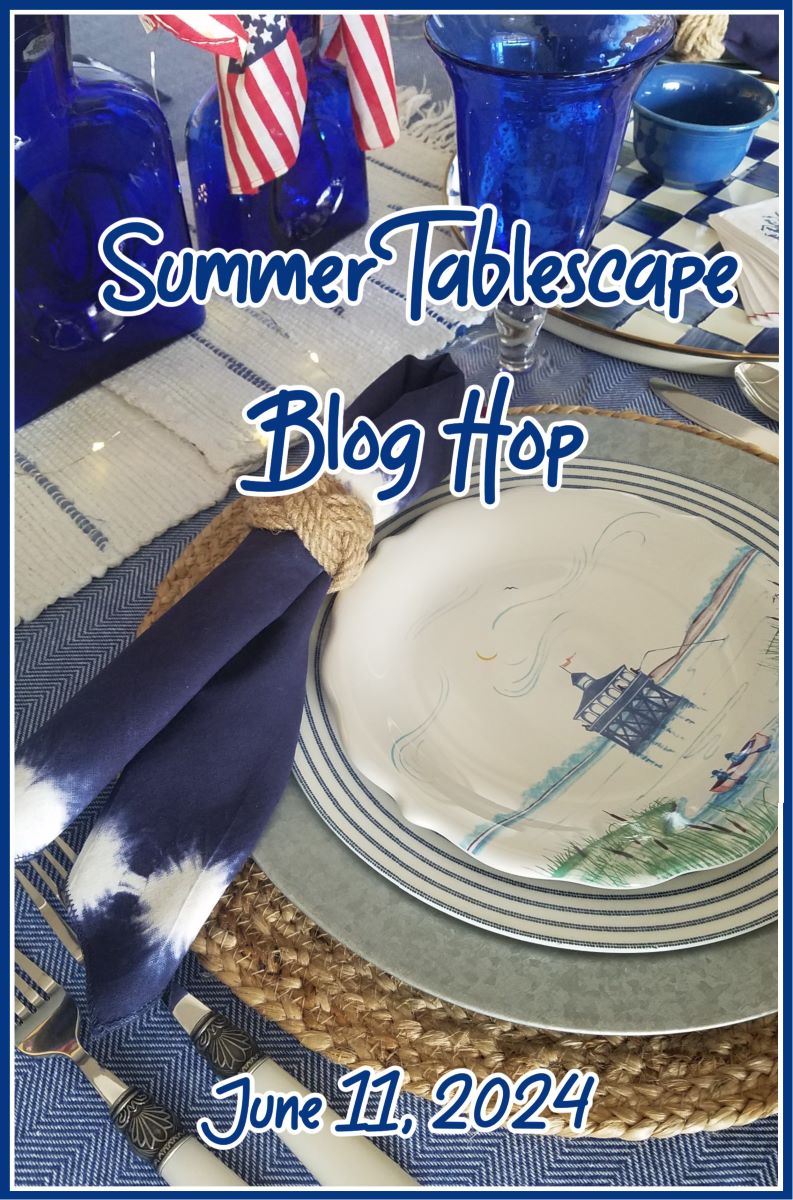 Red white and blue Summer Tablescape Blog Hop banner
