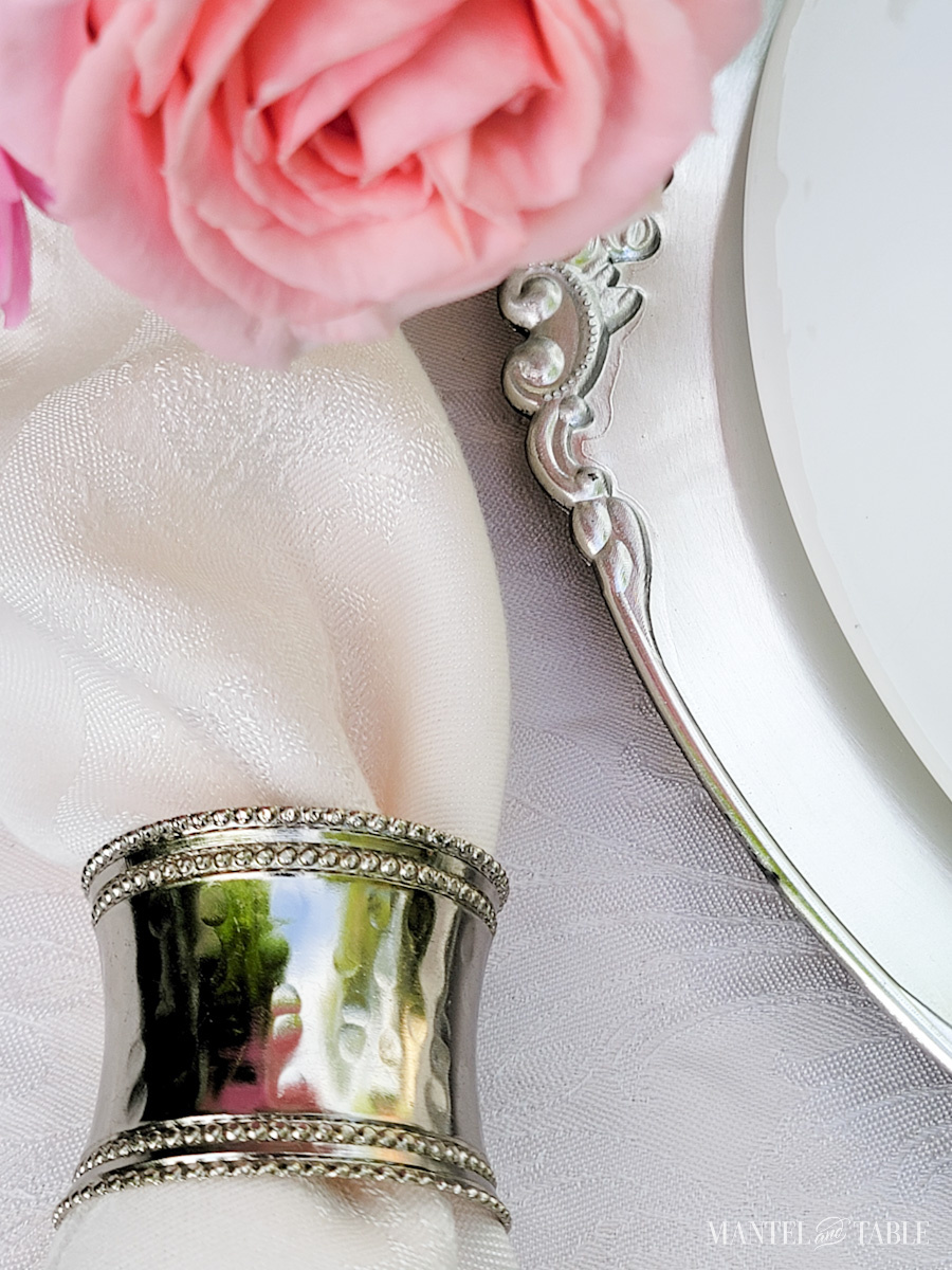 Pink napkin in silver napkin ring closeup