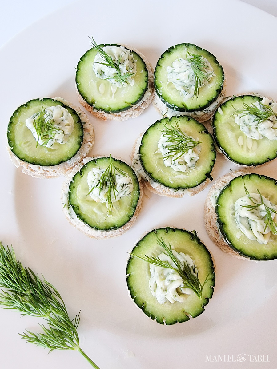 Plate of open faced cucumber sandwiches