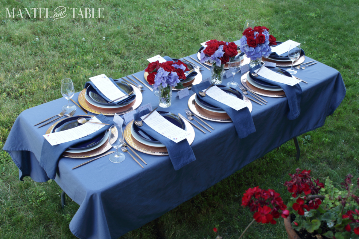 red white and blue formal table setting