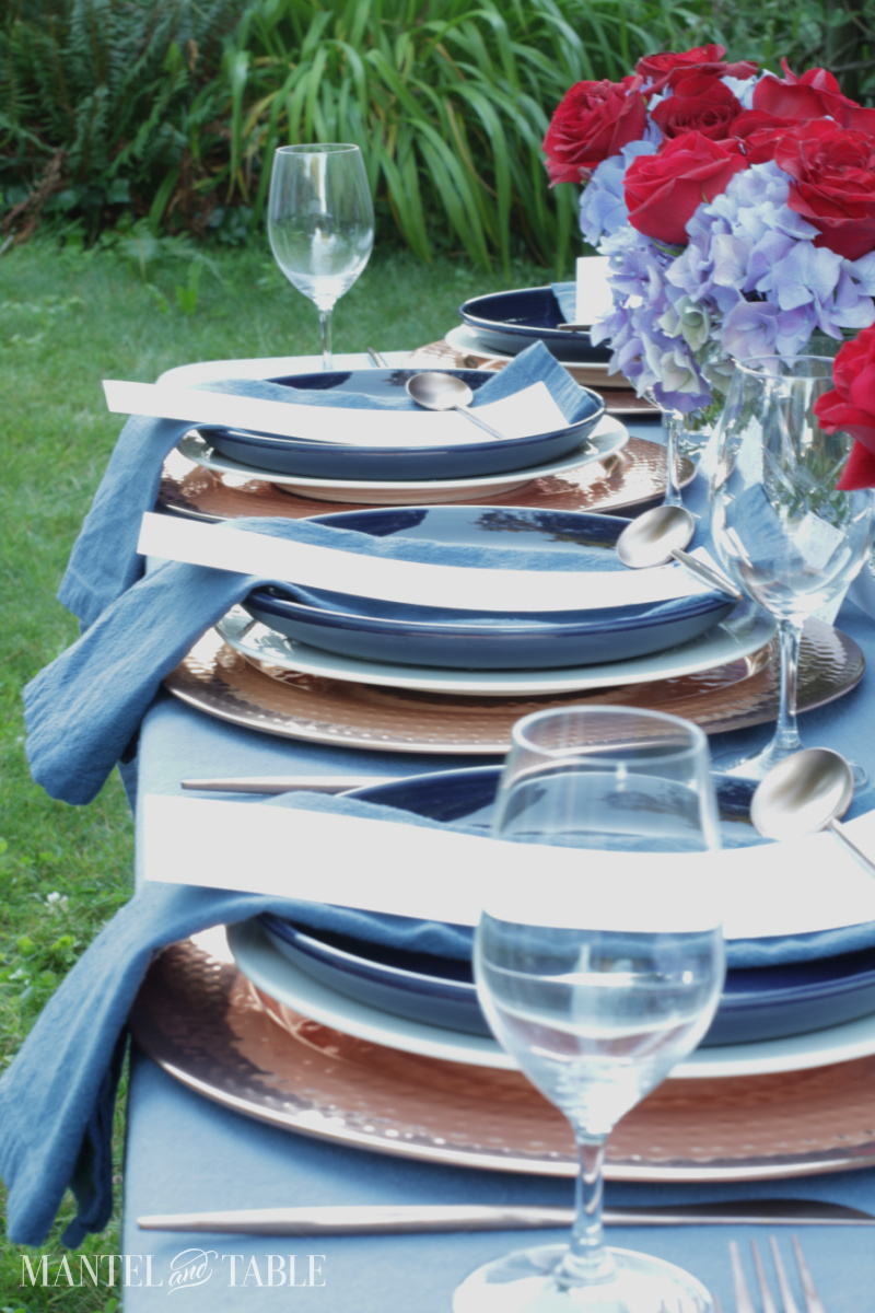 side view of red white and blue tablescape