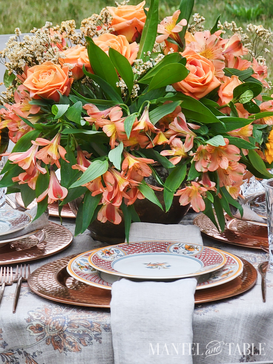 Closeup of peach colored flower centerpiece