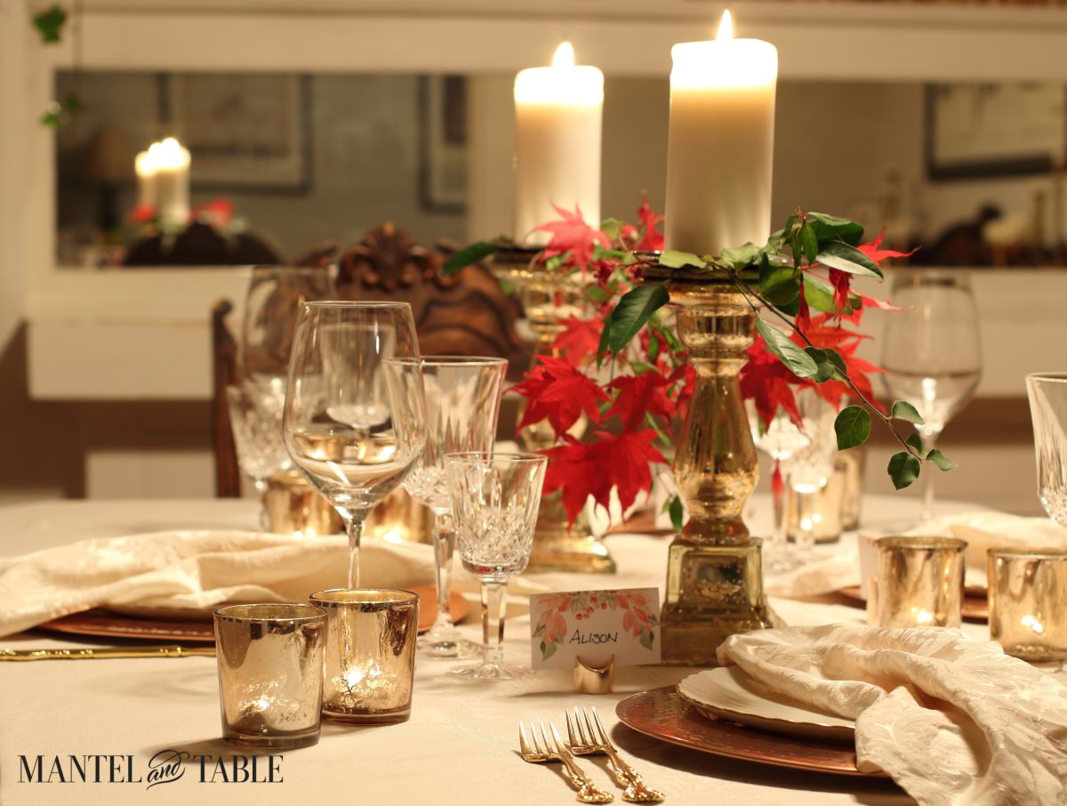 Thanksgiving tablescape using fresh fall leaves and place cards