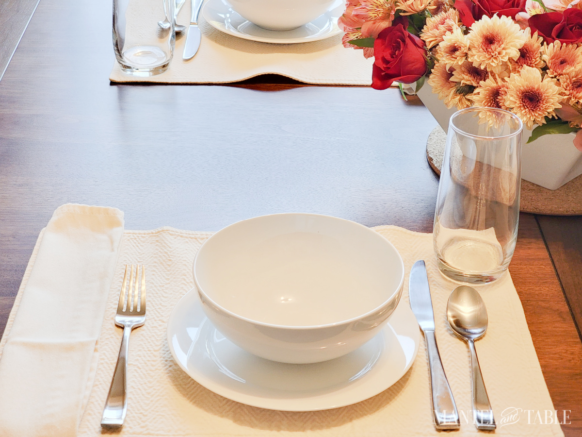 brunch table setting with white dishes closeup